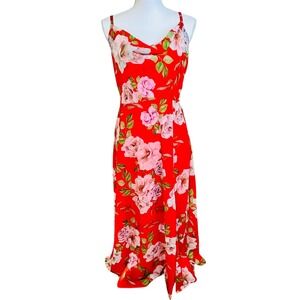 BOSTON‎ PROPER Red Floral Print Cowl Neck Midi Dress 8 Sleevless Slip Feminine